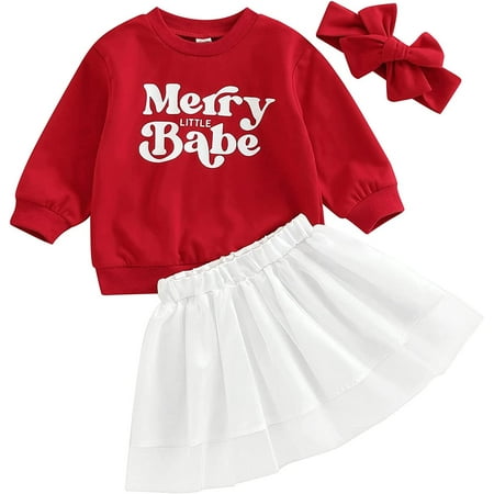 

PIKADINGNIS Baby Girls Christmas Outfit Merry Babe Letter Print Crewneck Sweatshirt Tops Tulle Tutu Skirt Set Kids Fall Clothes