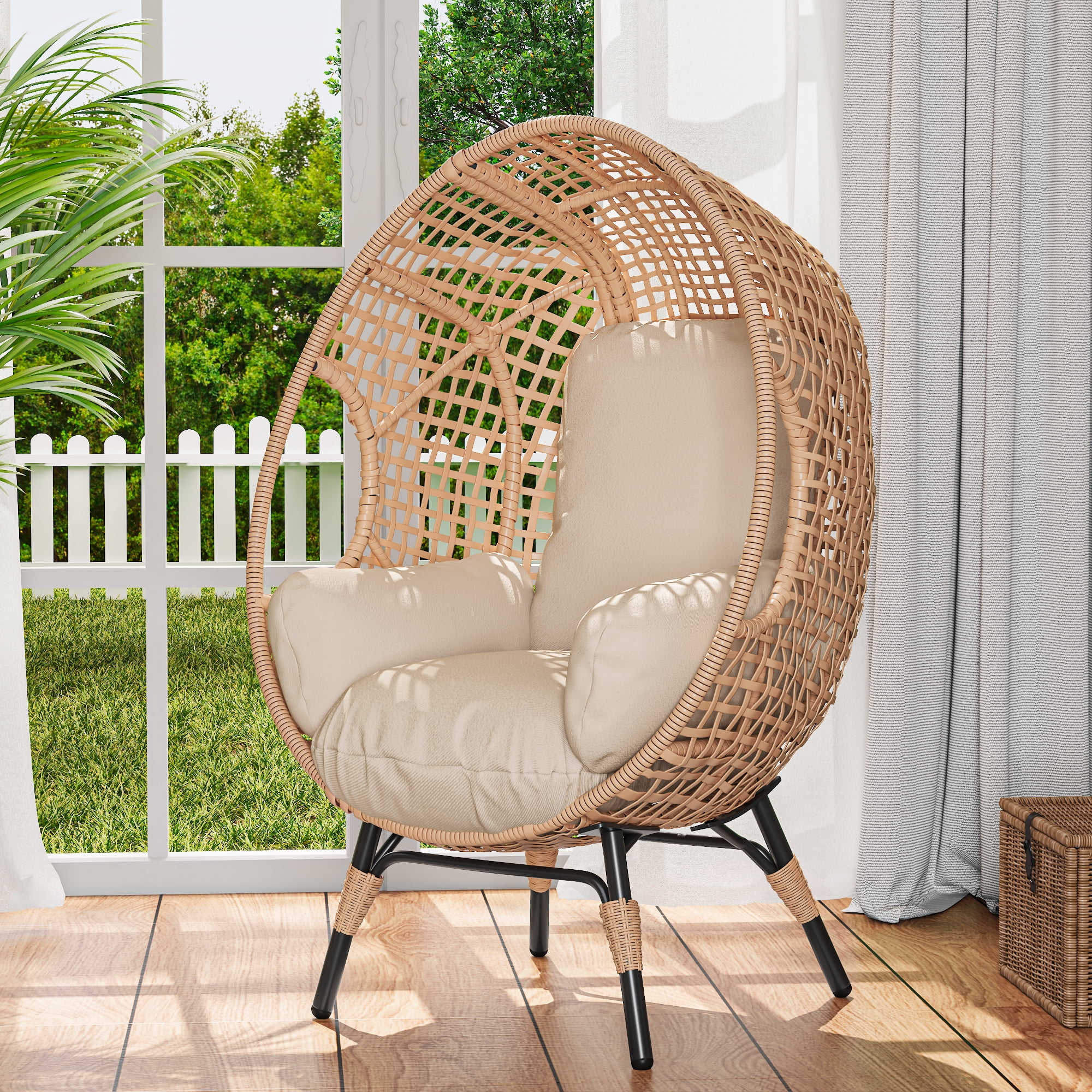 Hanging Swing Chair, 400LBS Arc Back Cushion Chair for Outdoor Garden Patio, Natural