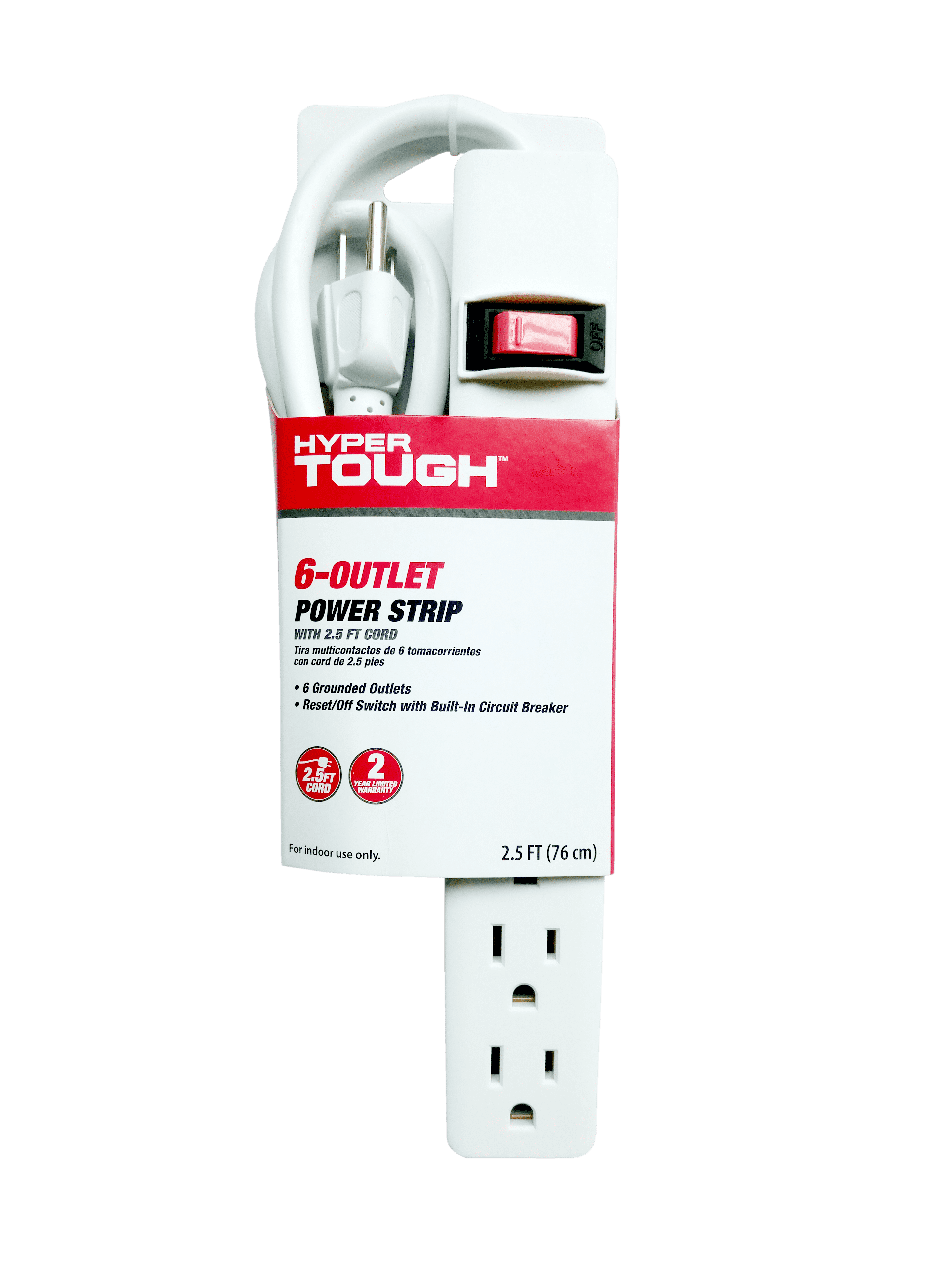 Hyper Tough 6 Outlet Power Strip with 2.5 ft Cord, White, Single Pack
