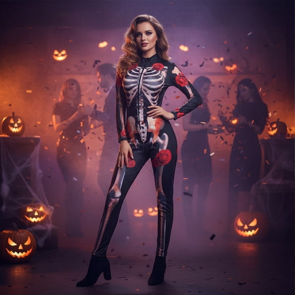 FASHOFT Adult Rose Skeleton Halloween Costumes Floral Bone Print Jumpsuit Cosplay Outfit Party Stage Performance Dress Up Halloween Costume 110