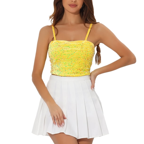 INSPIRE CHIC Top de Cami de Fiesta de Navidad para Mujeres con Tirantes de Espagueti de Terciopelo con Lentejuelas Amarillo XL