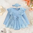 thumbnail image 2 of Zanarzt Baby Toddler Girl Dress Long Sleeve Baby Girl Romper Dress Baby Dress Romper Flowers Lace Fall Spring Festival Clothes with Headband Blue,1-3 Months, 2 of 4