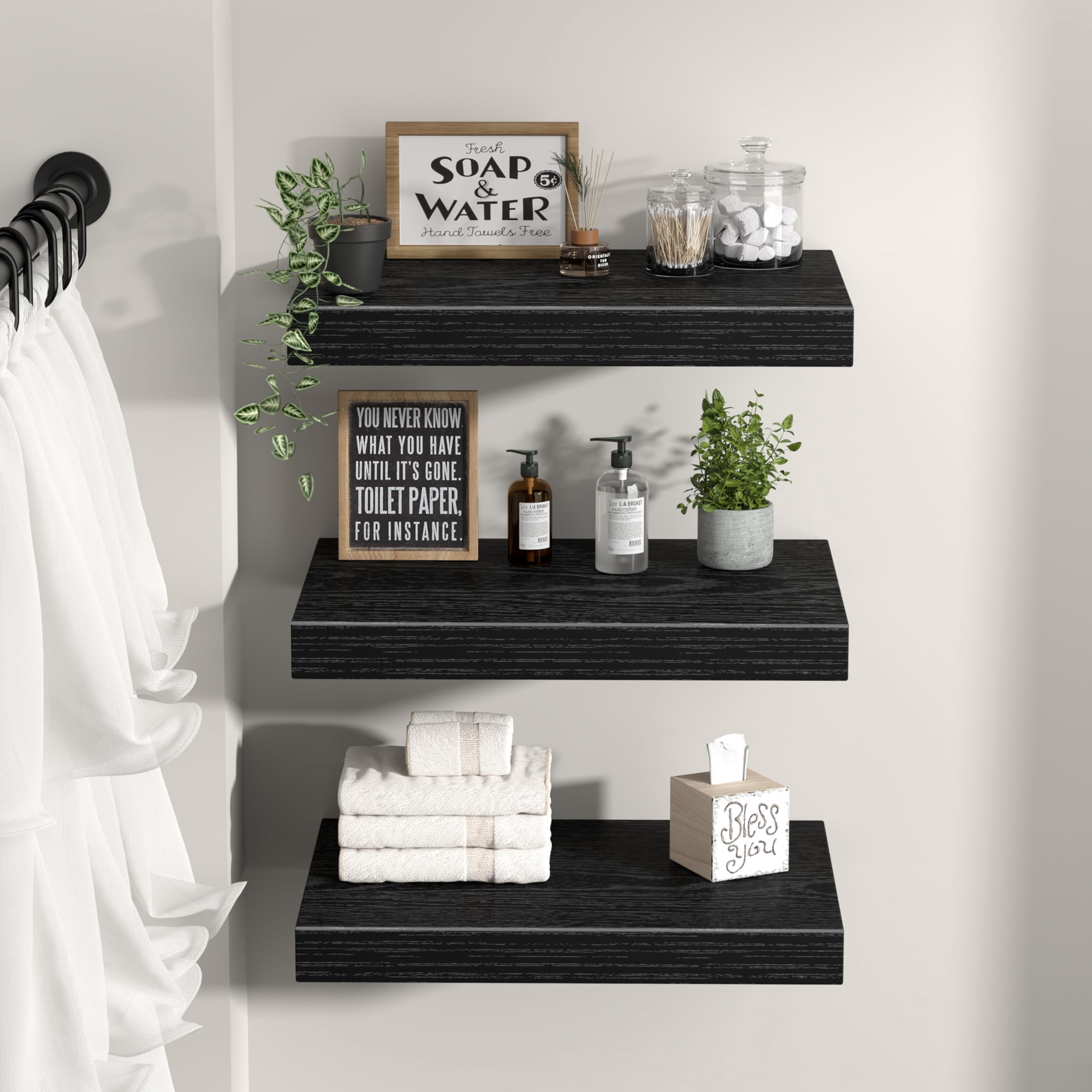 10" Deep Floating Shelves For Wall - 10 X 16 Inch Book Shelf Bathroom Bedroom Kitchen Living Room Hanging Bookshelf Farmhouse Set Of 3  Black (025-40b3)