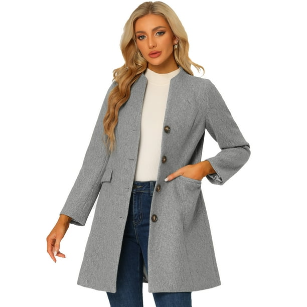 Abrigo largo elegante de invierno para mujer con cuello en V y un solo pecho Gris S