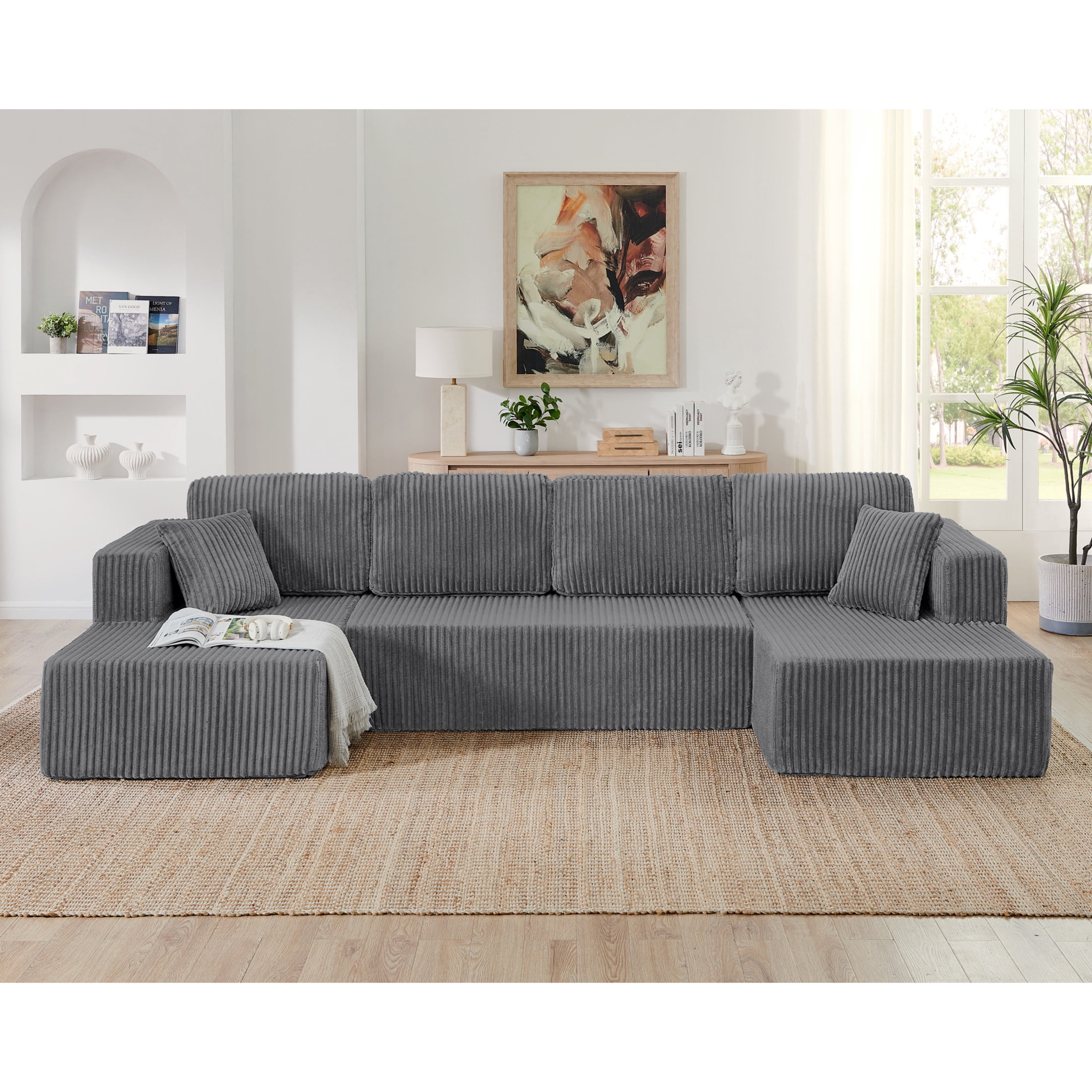Noble House Isaiah 132" Modern U-Shape Modular Sectional Sofa, Minimalist Corduroy Compressed Sleeper Couch, Gray