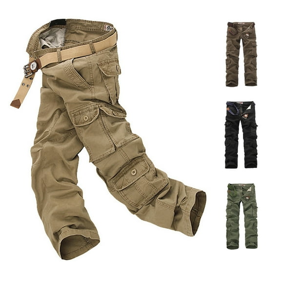 DODADAWANJ Cotton Cargo Pants for Men with Multi Pockets Expandable Waist Sport Pants Big and Tall Straight Fit Open Bottom Jogging Pants for Hiking Camping Outdoor
