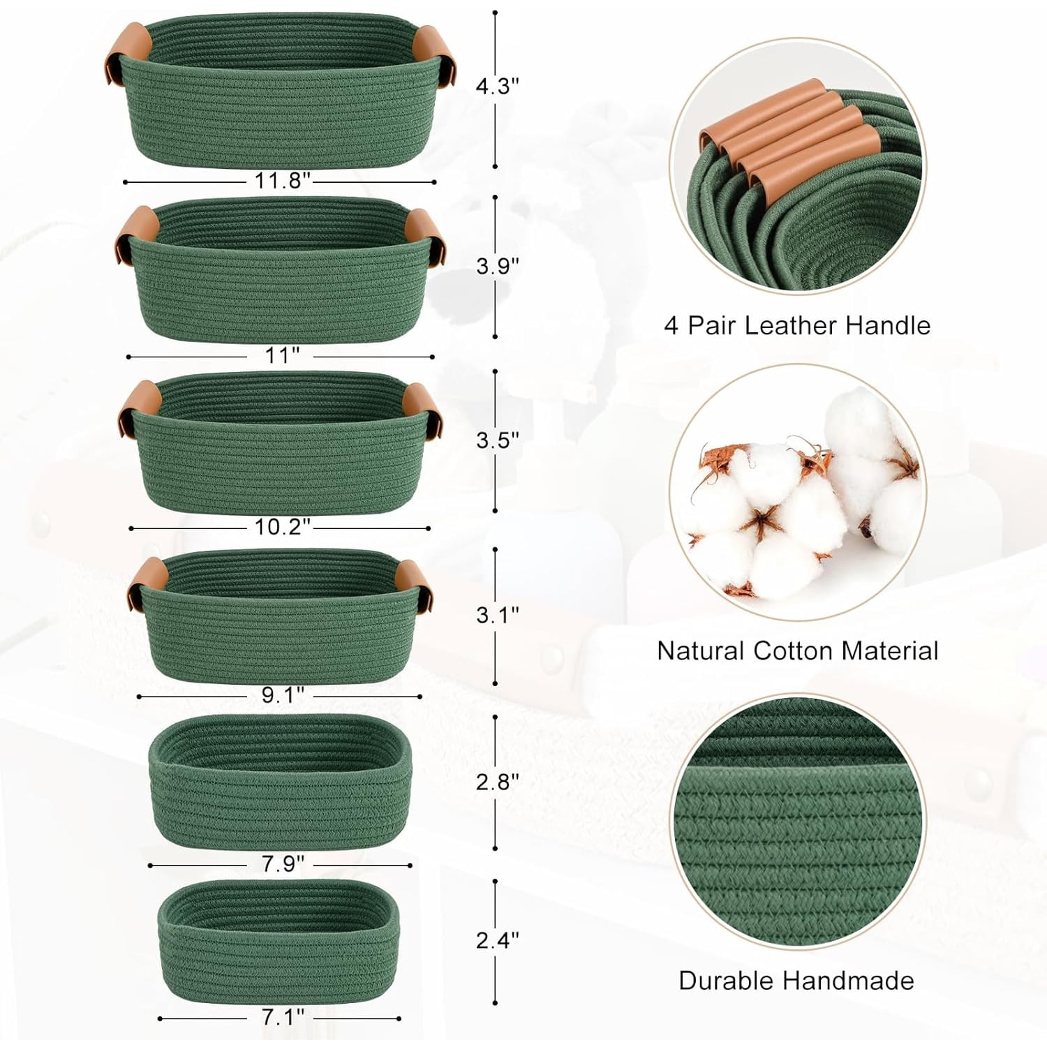 Natubeau 6 Pack Green Woven Storage Baskets, Stackable Cotton Rope Organizer Bins, Sturdy Decorative Rectangle Basket for Shelf, Kitchen, Bathroom, Bedroom & Home Organization