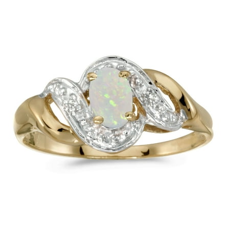 - 14k Yellow Gold Oval Opal And Diamond Swirl Ring