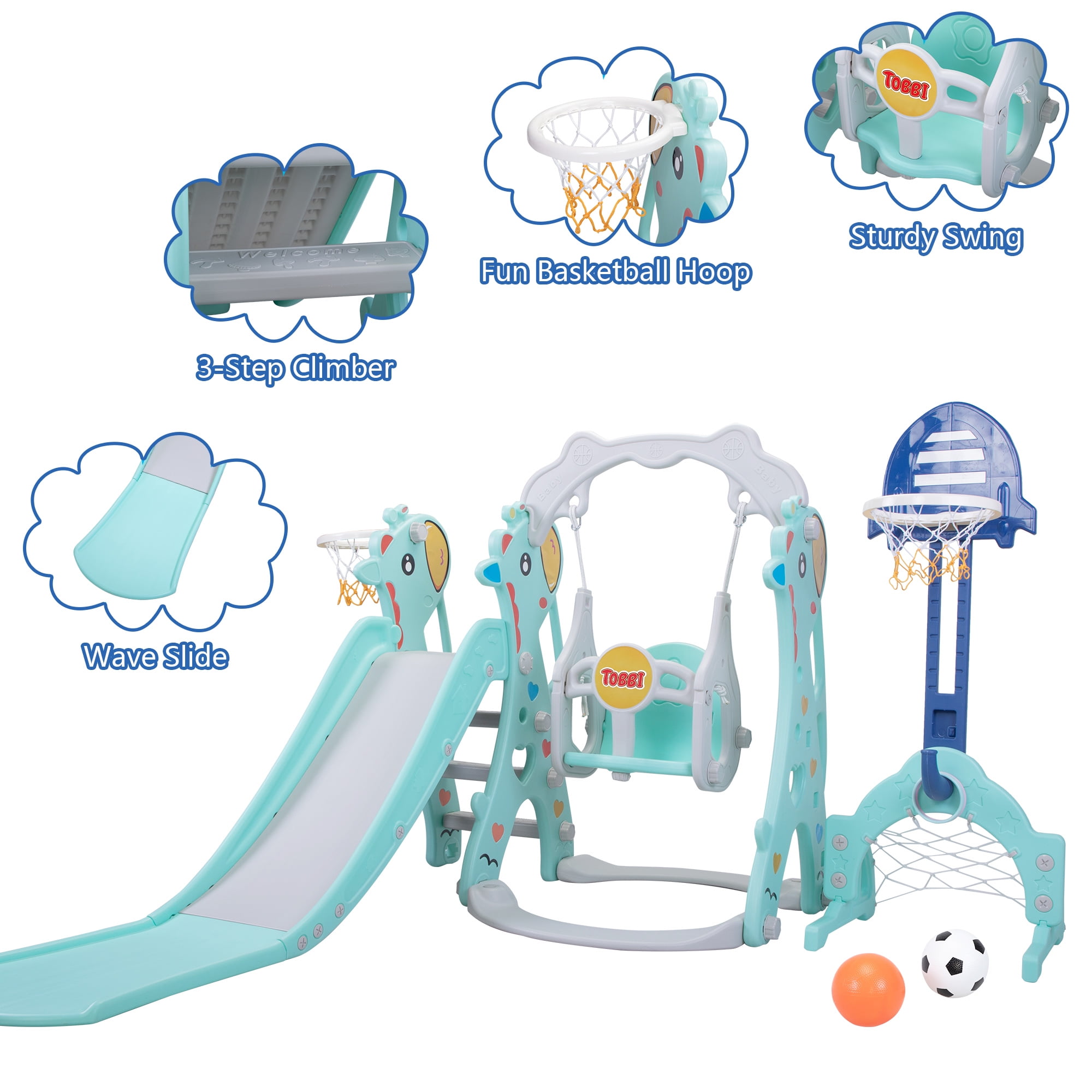 Tobbi TOYS 5 In 1 Toddler Slide and Swing Playset Baby's Activity Center With Basketball & Rim, Football & Goalmouth