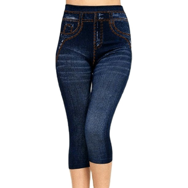Innerwin Capri Fake Jeans Tummy Control Women Look Print Jeggings Workout  Butt Lifting Stretch Denim Printed Leggings Blue C L