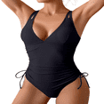 thumbnail image 2 of LYMAYTER Women One Piece Swimsuit Solid Color Ruched Swimsuit Halter Backless Tummy Control Swimwear S-2XL, 2 of 10