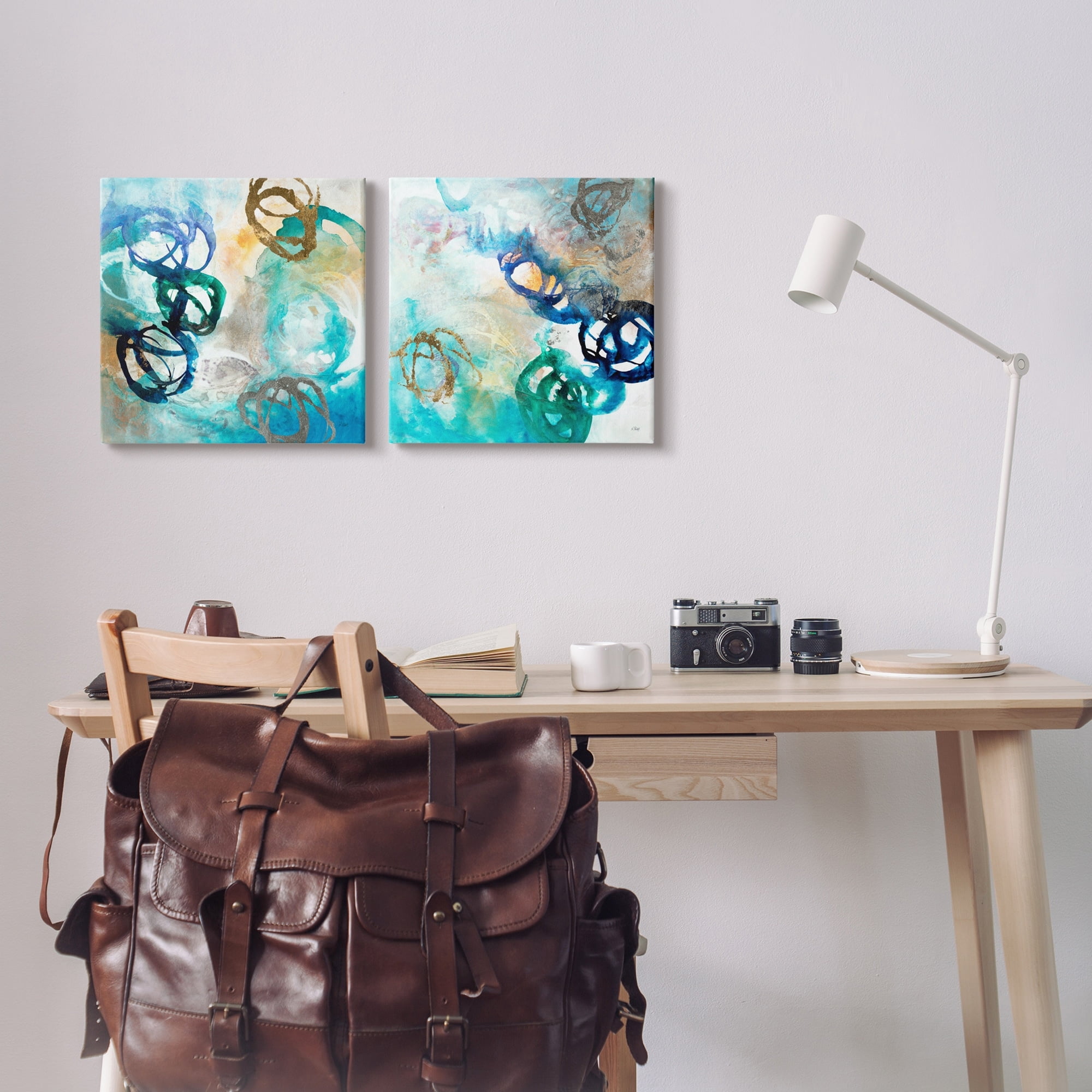 Stupell Industries Modern Shapes Overlay Painting Marine Blue Tones Painting Gallery Wrapped Canvas Print Wall Art, Set of 2, Design by K. Nari