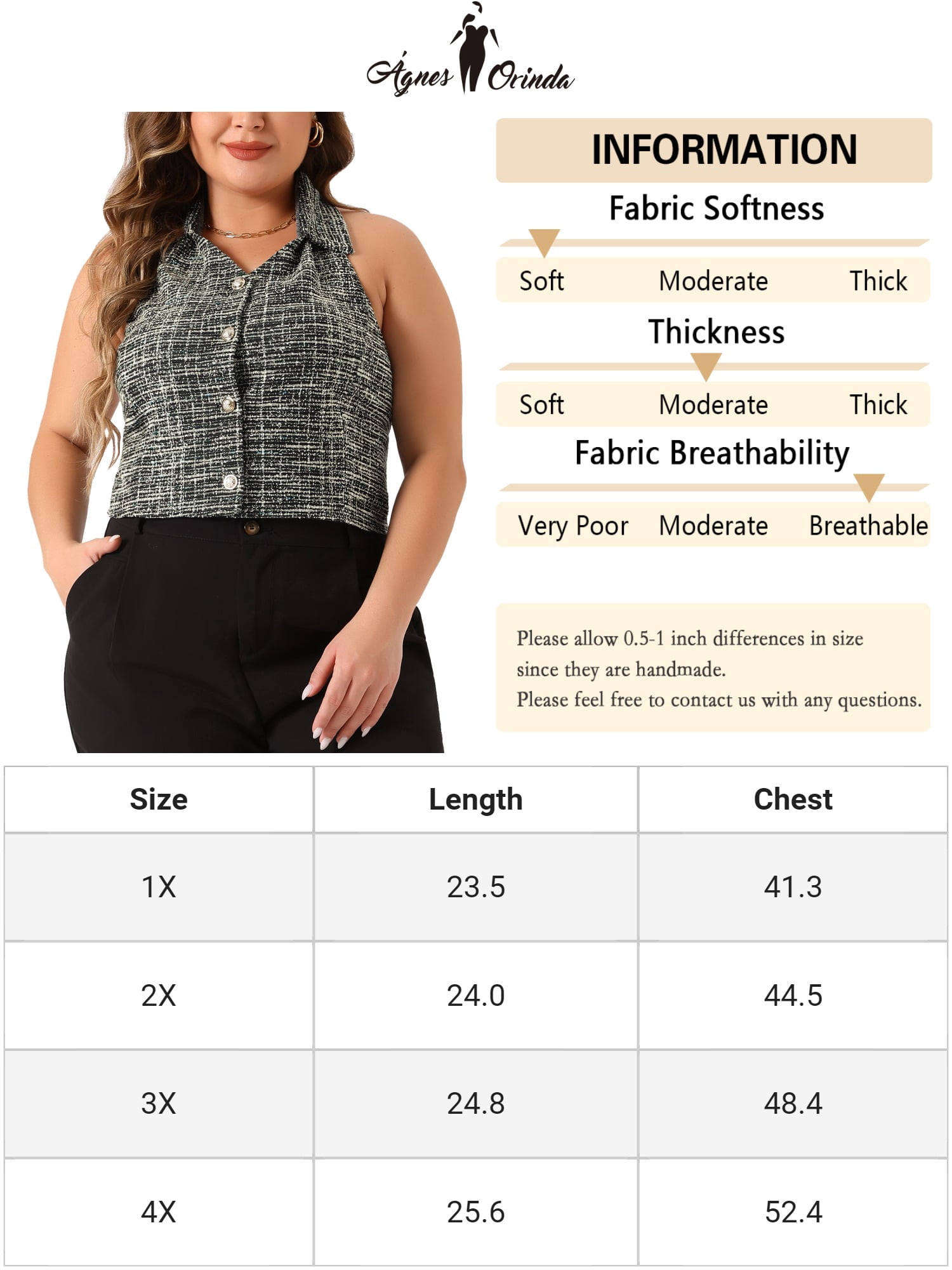 DARING DIVA Women's Plus Size Tweed Halter Neck Single Breasted Vest 4X Black