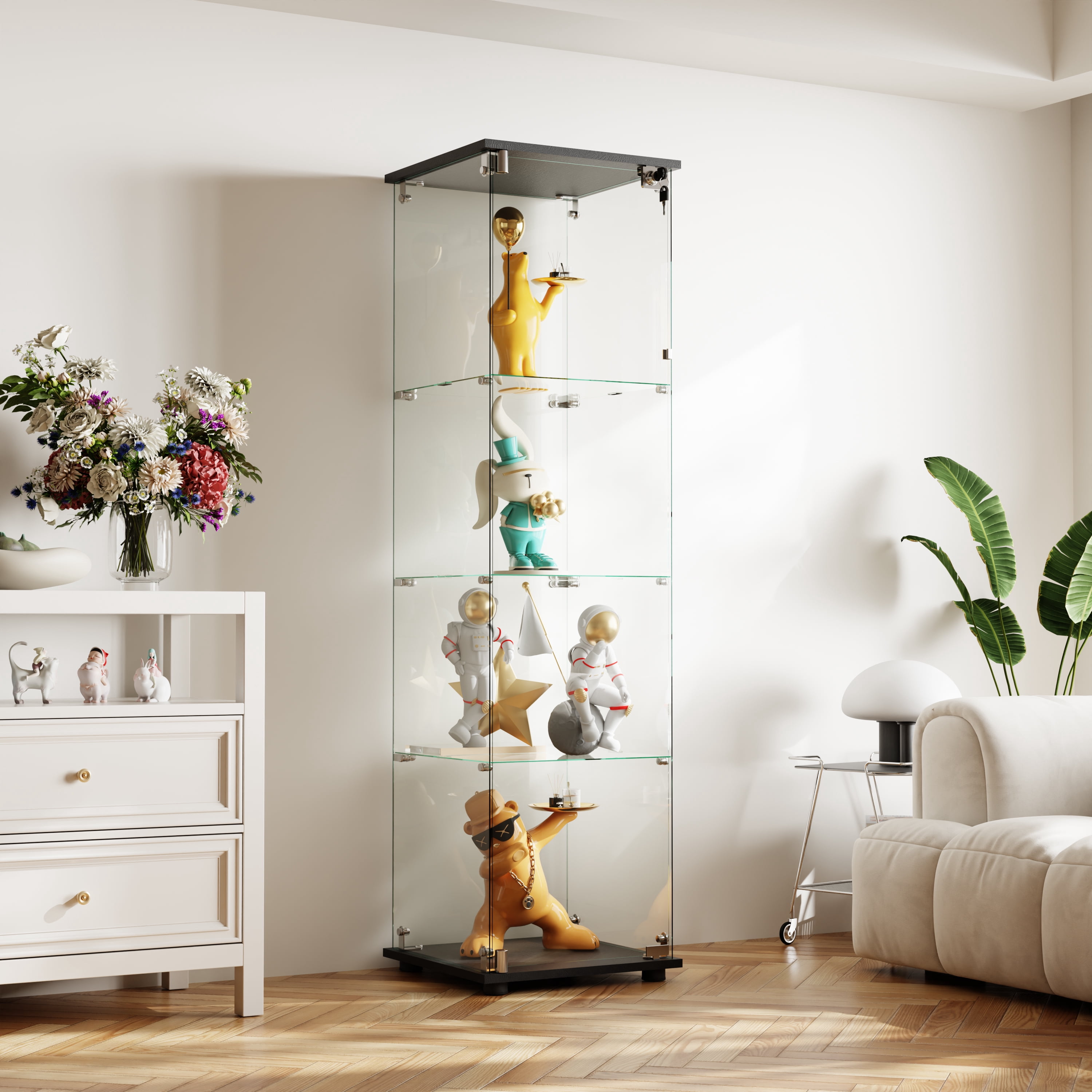 BEAUTYPEAK 64" Display Cabinet with Glass Doors,4-Tier Single-Door Curio Cases with Black Panels