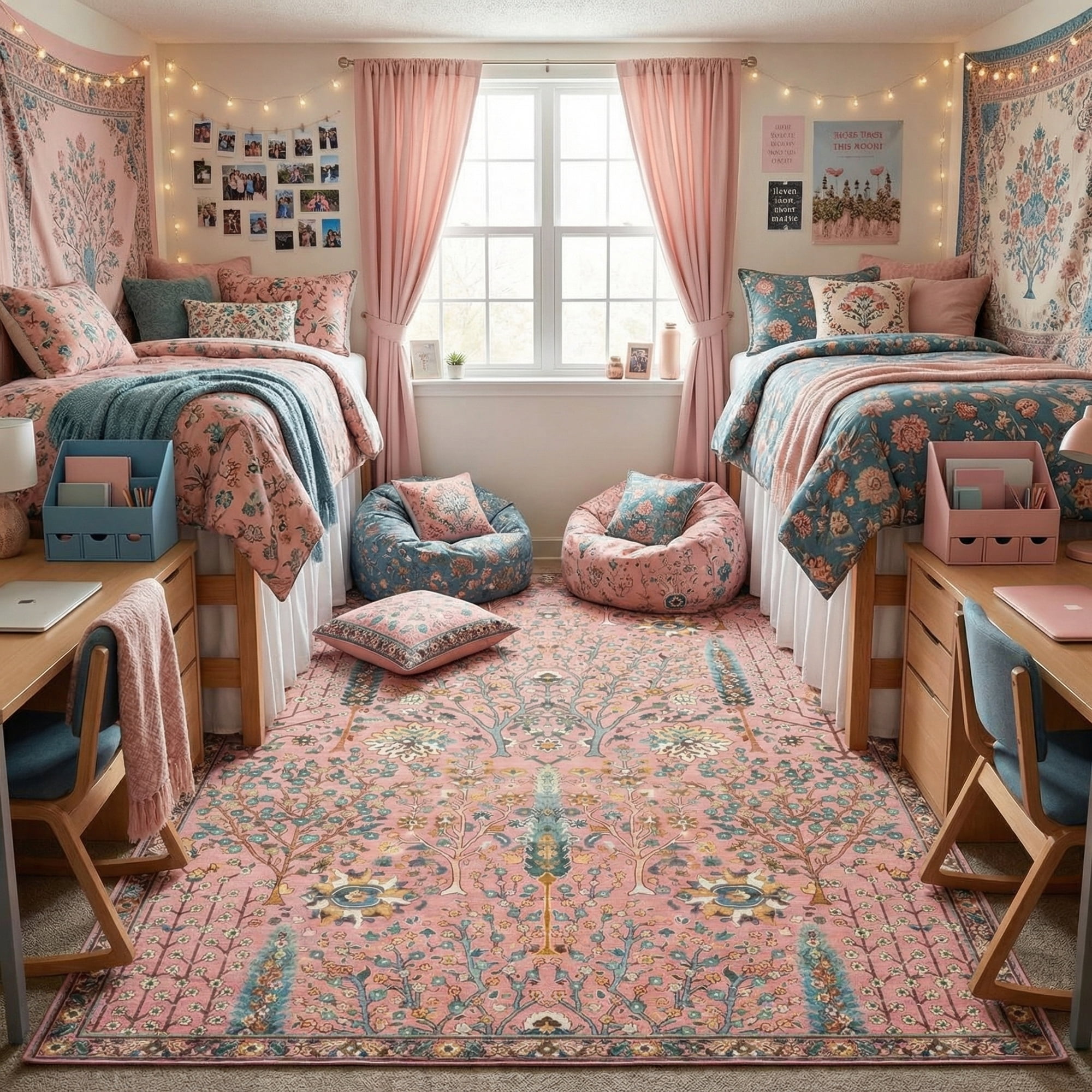 Washable Oriental Rug, 8x10 Dusty pink Boho Botanical Floral Vintage Carpet, Soft Large Indoor Rug for Girls Bedroom, Living Room, Nursery, Playroom