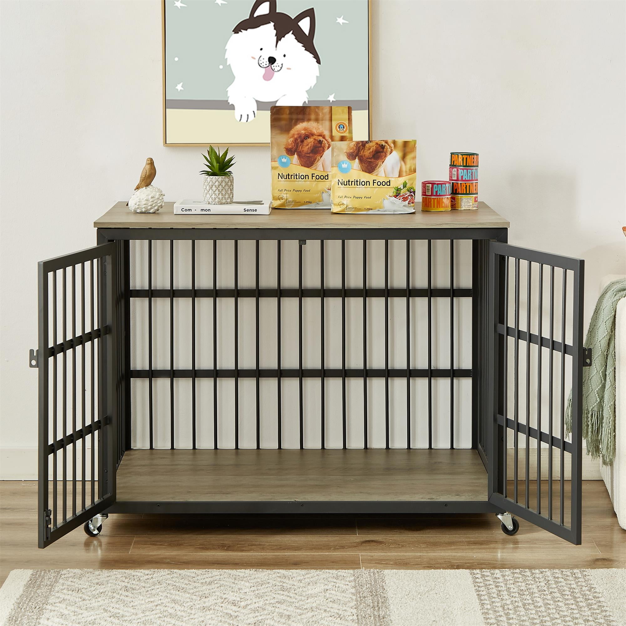 Pefilos 43" Heavy Duty Dog Crate for Small Dogs, Furniture Style Dog House with Wheels, Indoor Dog Cage Wrought Iron Frame Door with Side Openings, Gray Pefilos 43" Heavy Duty Dog Crate for Small Dogs, Furniture Style Dog House with Wheels, Indoor Dog Cage Wrought Iron Frame Door with Side Openings, Gray