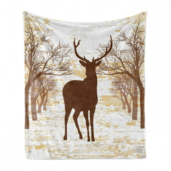 Deer Hunting Soft Flannel Fleece Throw Blanket, Vintage Reindeer in Forest Rustic Silhouette Pattern, Cozy Plush for Indoor and Outdoor Use, 70" x 90", Beige Chocolate, by Ambesonne