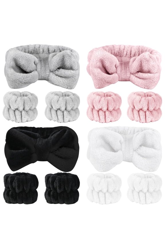 12 PCS Face Wash Headband Wristband Set for Women Girls, Soft Microfiber Facial Spa Hair Wraps Makeup Skincare Bath Headbands Wrist Bands for Washing FaceWhite, Pink, Gray, Black