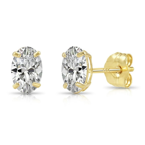 Tilo Jewelry 14K Yellow Gold Solitaire Oval CZ Stud Post Earrings with Secure Push-backs | 6 x 4 mm | Classic Everyday Earrings | Women, Men & Unisex