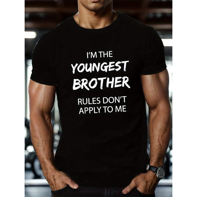 Camiseta informal de manga corta con cuello redondo y estampado de letras "YOUNGEST BROTHER" para hombre, cómoda y de verano.