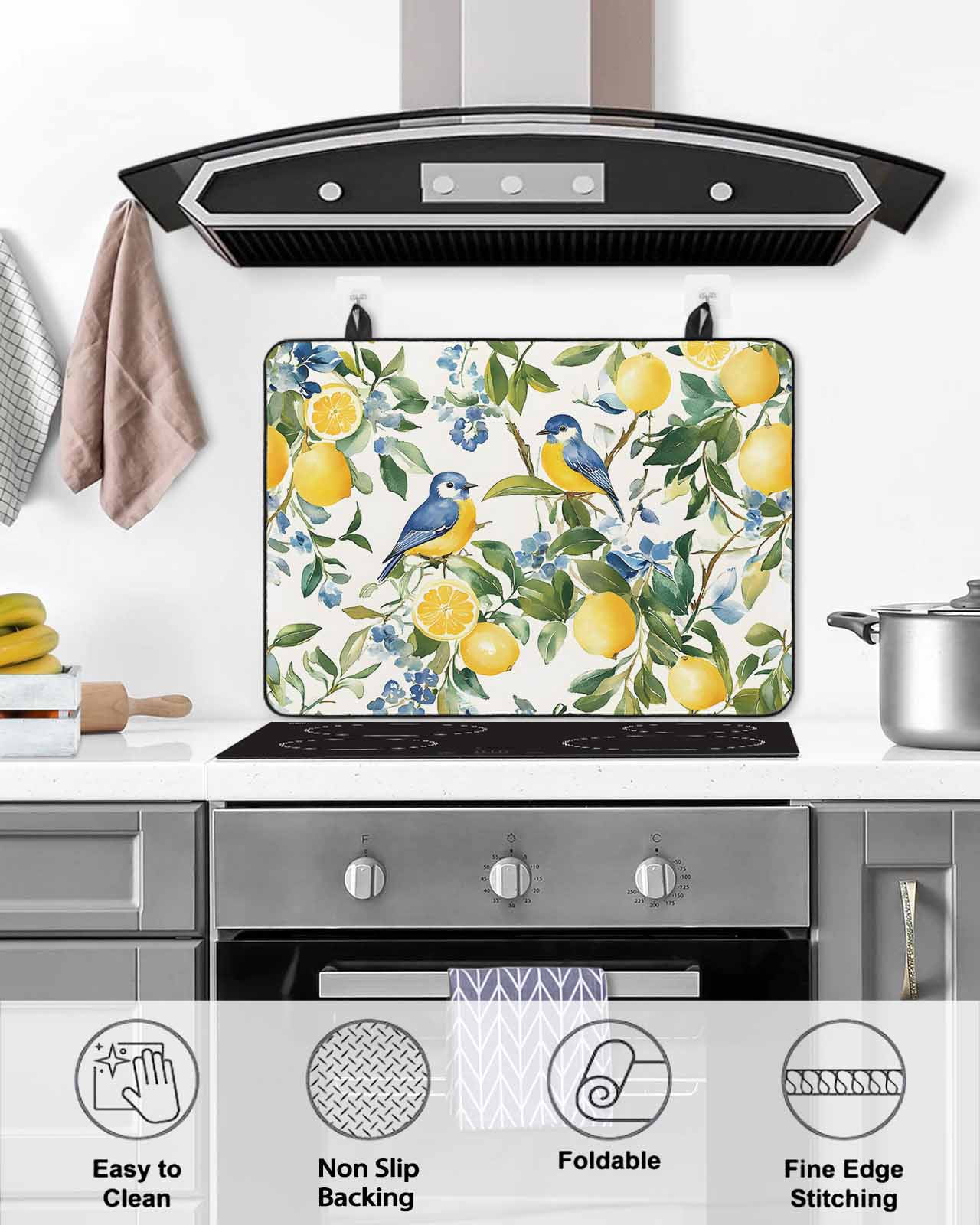 nqOlkjepod Large Induction Cooktop Protector Mat 24"x21", Lemon Bird Stove Top Covers for Electric Stove, Watercolor Yellow Green Foliage Flower Leaf Stove Burner Cover Mats, Glass Top Stove Cover