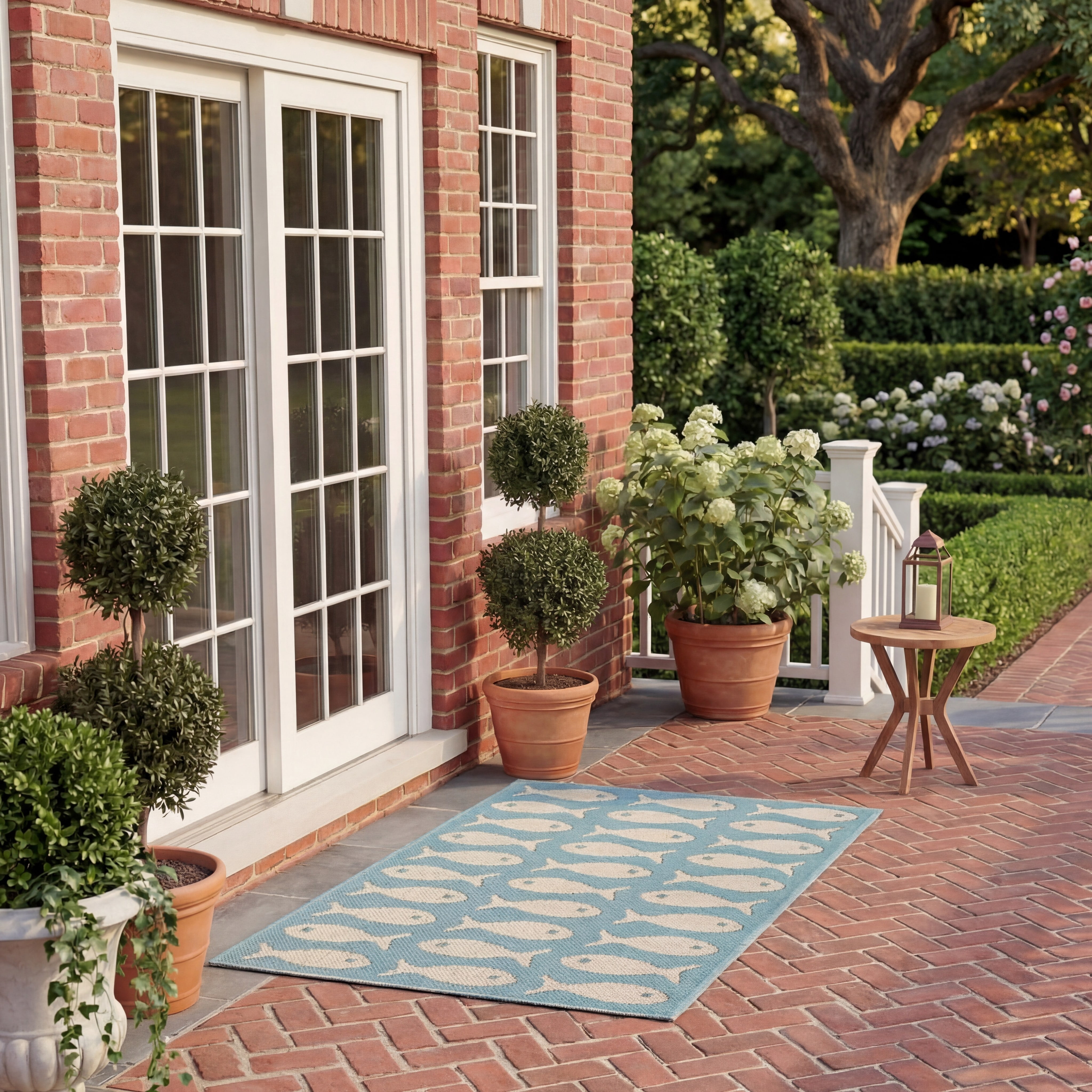 SAFAVIEH Courtyard Tranter Fishes Indoor/Outdoor Area Rug, Aqua/Beige, 6'7" x 6'7" Square