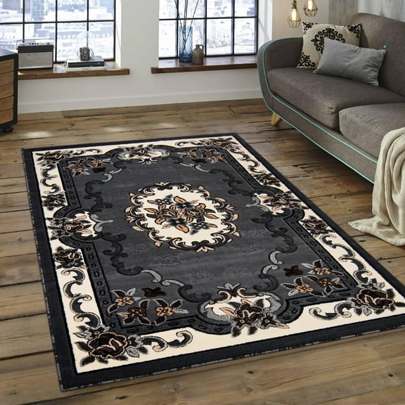 Allstar 5x7 Traditional Area Rug in Grey with Ivory French Aubusson design (5' 2" x 7' 1")