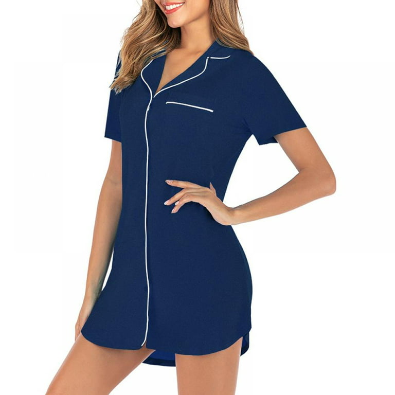 Short Sleeve Nightgowns for Women, Button Down Sleepwear Classical Sleep  Shirt Dress 