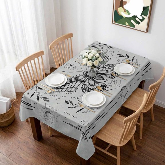 Grey Butterfly Table Cloth Waterproof Tablecloths, Vintage Boho Spring Floral Botancial Tablecloth Dining Table Cover for Kitchen Party Tabletop Outdoor, Rectangle Tablecloth 60x84 Inch