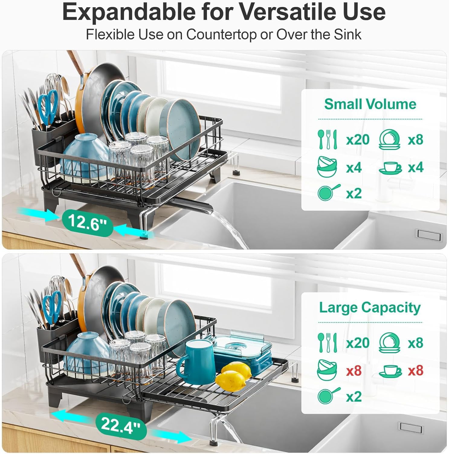 Expandable Dish Drying Rack for Kitchen Counter, Large Capacity 2-in-1 Rust Resistant Dish Drainer with Swivel Spout and Pull Out Over Sink Extension, 16.7" W x 12.6"-22.4" L, Black