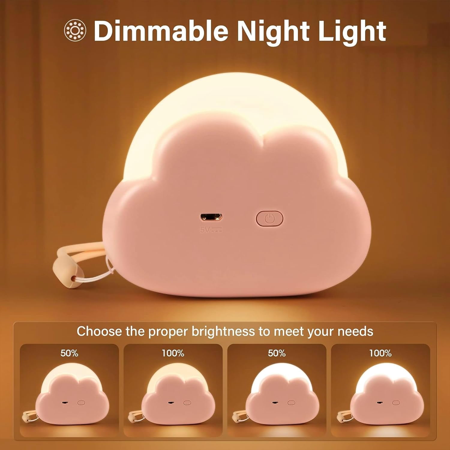 LINLIN Cute Cloud Night Light, Baby Night Light Kids Lamp for Bedroom, Portable USB Rechargeable Kid LED Dimmable Nightlight, Adjustable Bedside Lamp with Warm and White Light