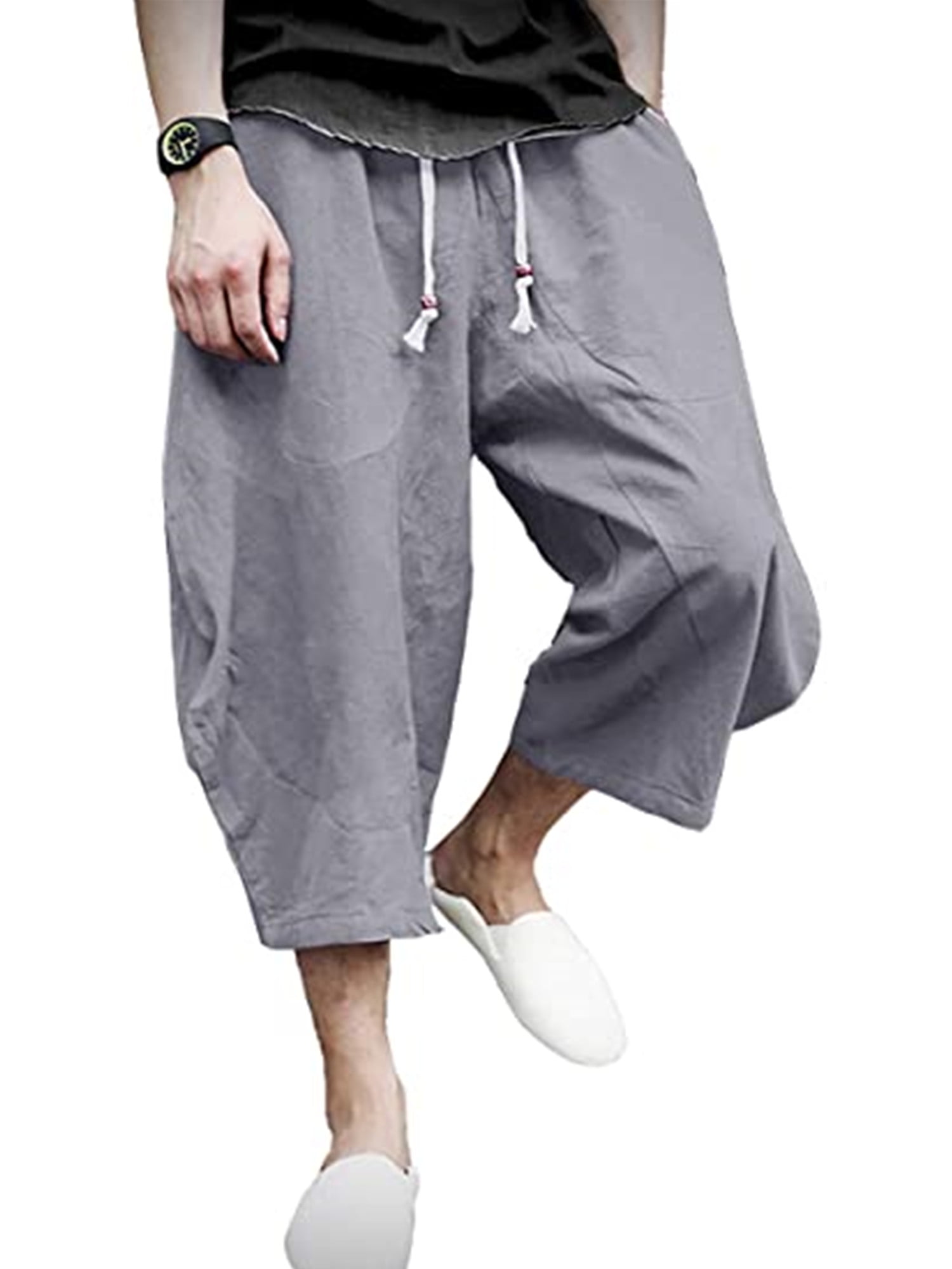 XL, Sky Blue Causal Wide Leg Baggy Harem Mens Cotton Linen Drawstring Elastic Waist Pilates Yoga Shorts Mens Loose Capri Pants 
