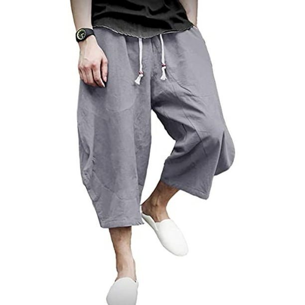 Capreze Men Linen Harem Capri Pants Loose Fit Yoga Beach Shorts Elastic ...