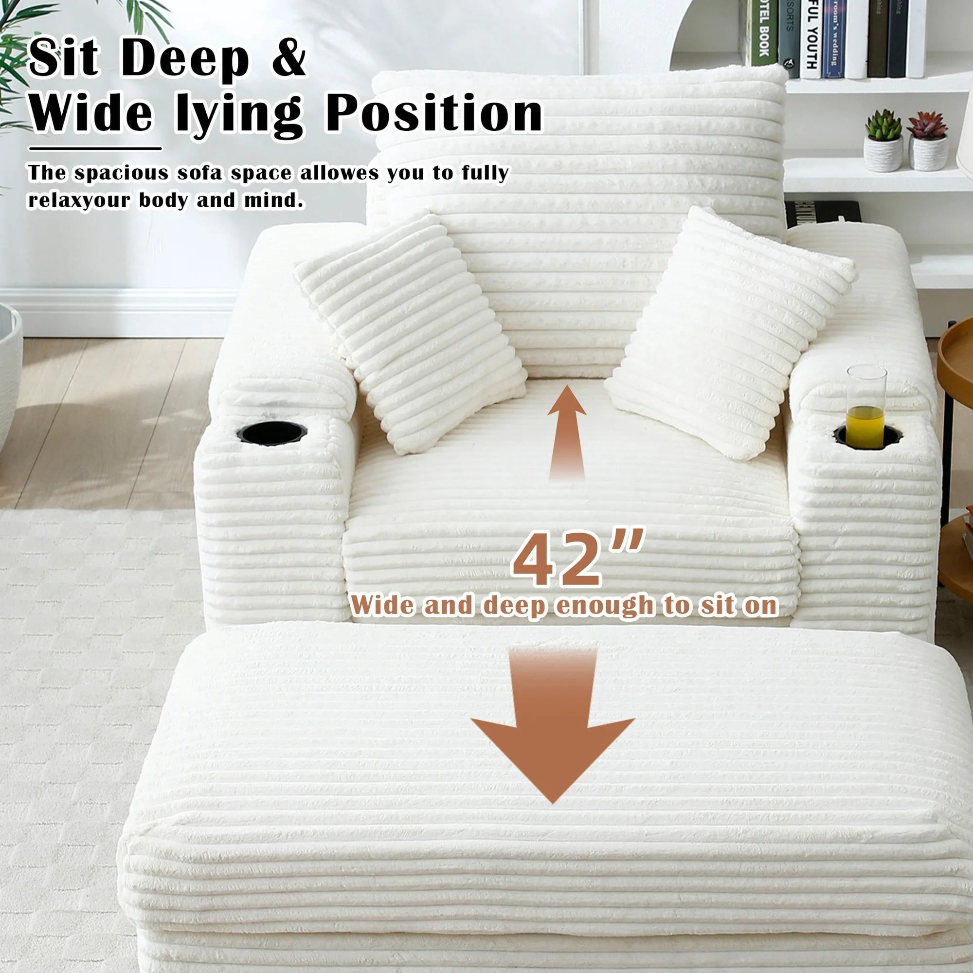 Aukfa Oversized Chaise Lounge Indoor Chair with 2 Cupholders, Storage Ottoman, 3 Pillows, Beige