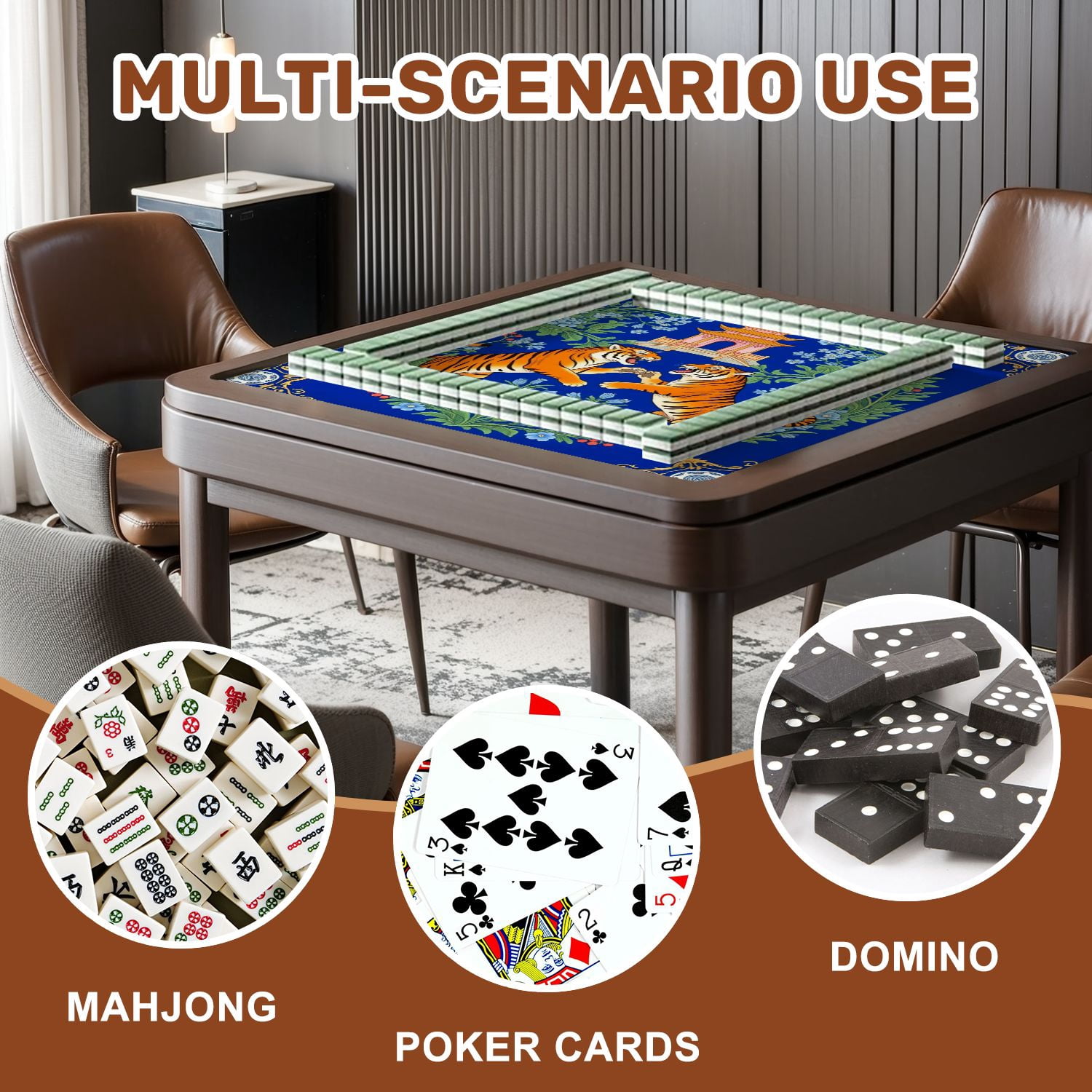 Mahjong Mat 31.5" x 31.5" Two Tigers Facing Each Other Pagoda Blue Floral Non-Slip Noise Reduction American Mahjong Tiles Table Cover for Dominoes Poker Card Board Games Gift