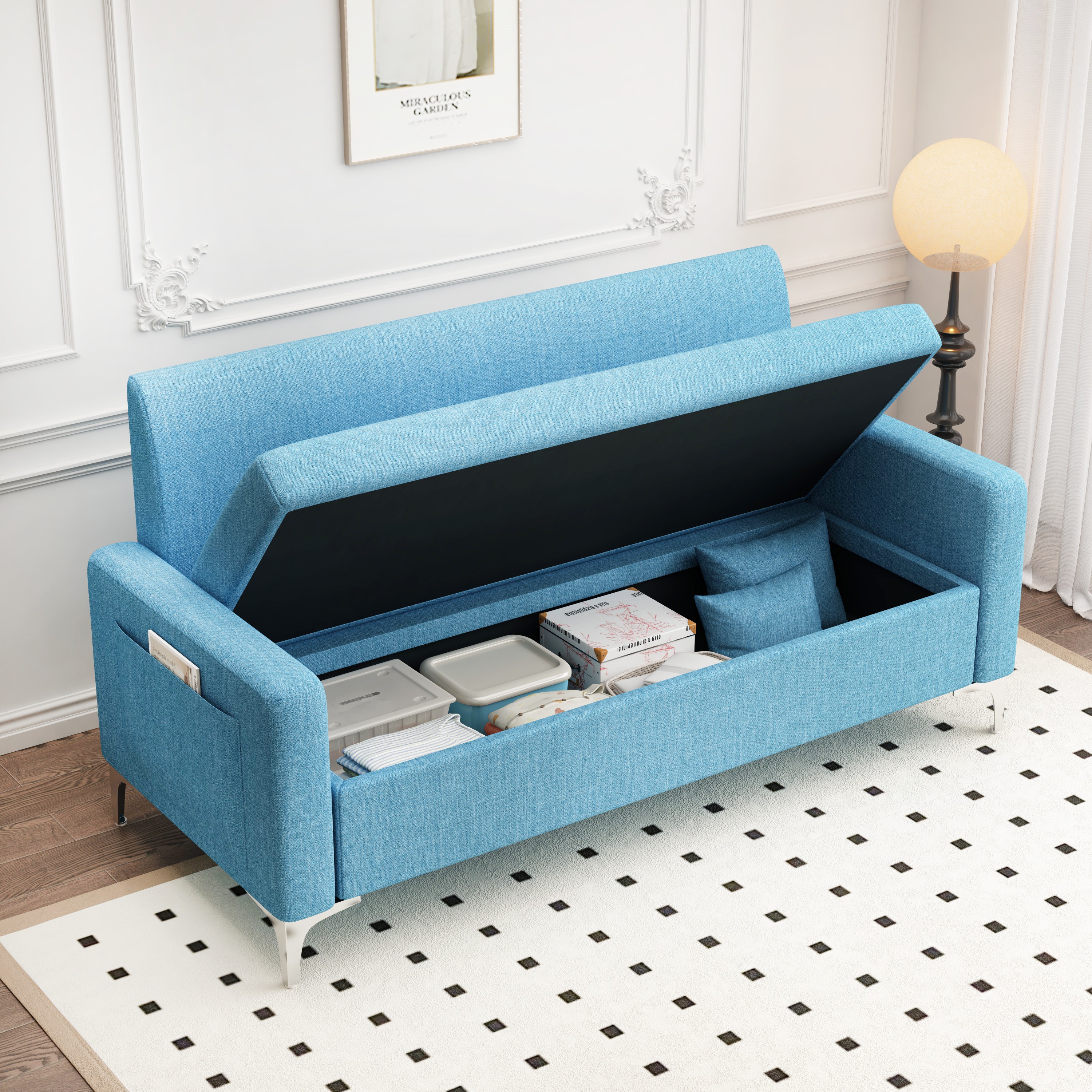 57" Multi-functional Storage Loveseat Sofa,Upholstered 2 Seat Sofa with Side Pockets for Living Room, Bedroom, Office, Small Space,Blue
