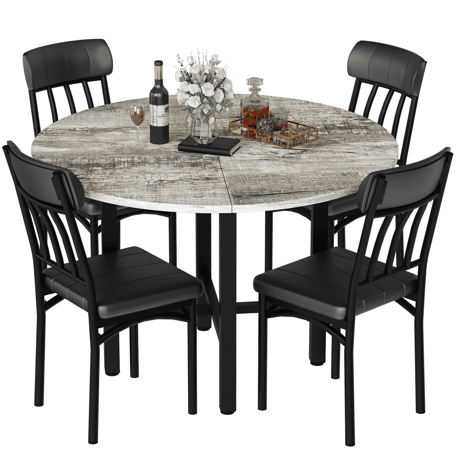 Round Dining Table Set for 4, Solid Wood Thickened Table Top Kitchen Dining Table and Chairs Set, Modern Dining Room Dining Table Set for 4 for Apartment, Kitchen, Dining Room, Rustic Gray