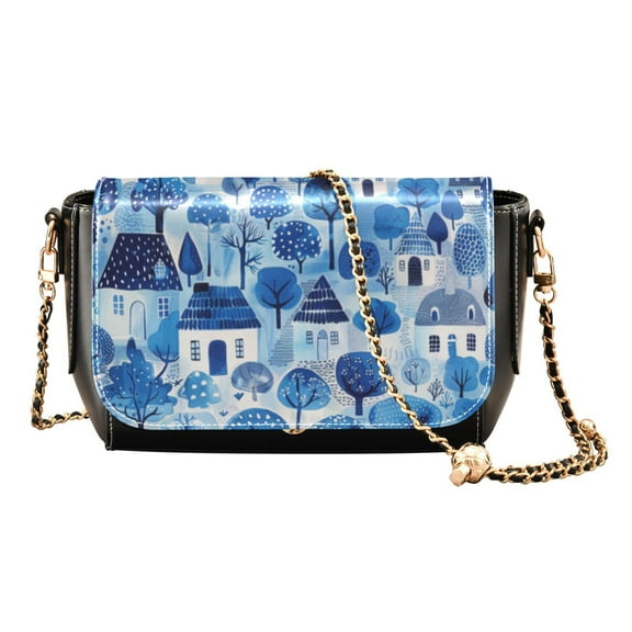 Leather Clamshell Crossbody Bag 10.4x5.5x3.7Inch Women's Crossbody Handbags Shoulder Purse Bank Card Bag Cash Bag Key Bag Blue Cartoon House