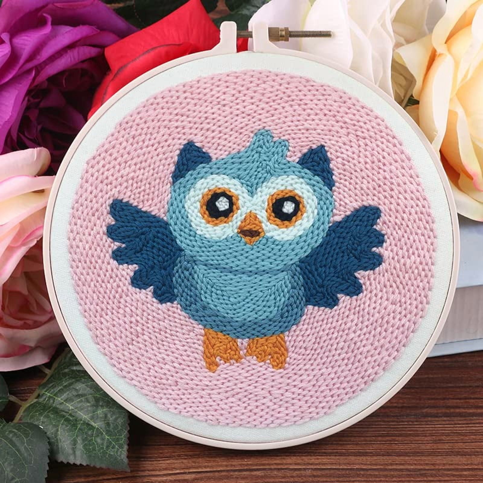 2 Pack Easy Smaller Size DIY Craft Punch Needle Embroidery Kits Rug for Starter Kits with Stamped Color Pattern with Instruction,Yarn and Wood Needle Pen,15cm Hoop (Owl,Cat)