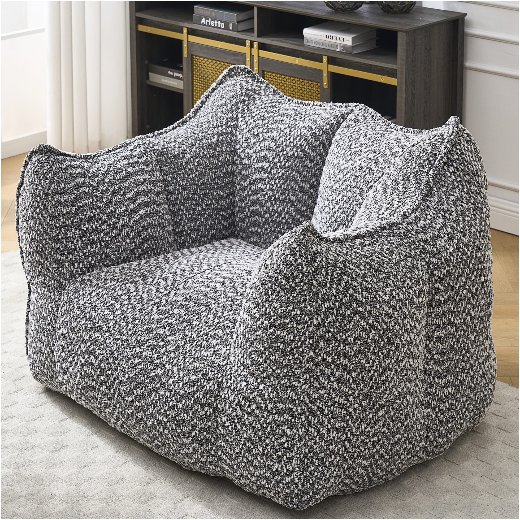 JERFIT Chenille Bean Bag Chair for Adults, Oversized Square Gaming Chair with High Resilience Foam, Comfy Armrests & Handle for Living Room, Bedroom, TV Watching, Reading - Grey