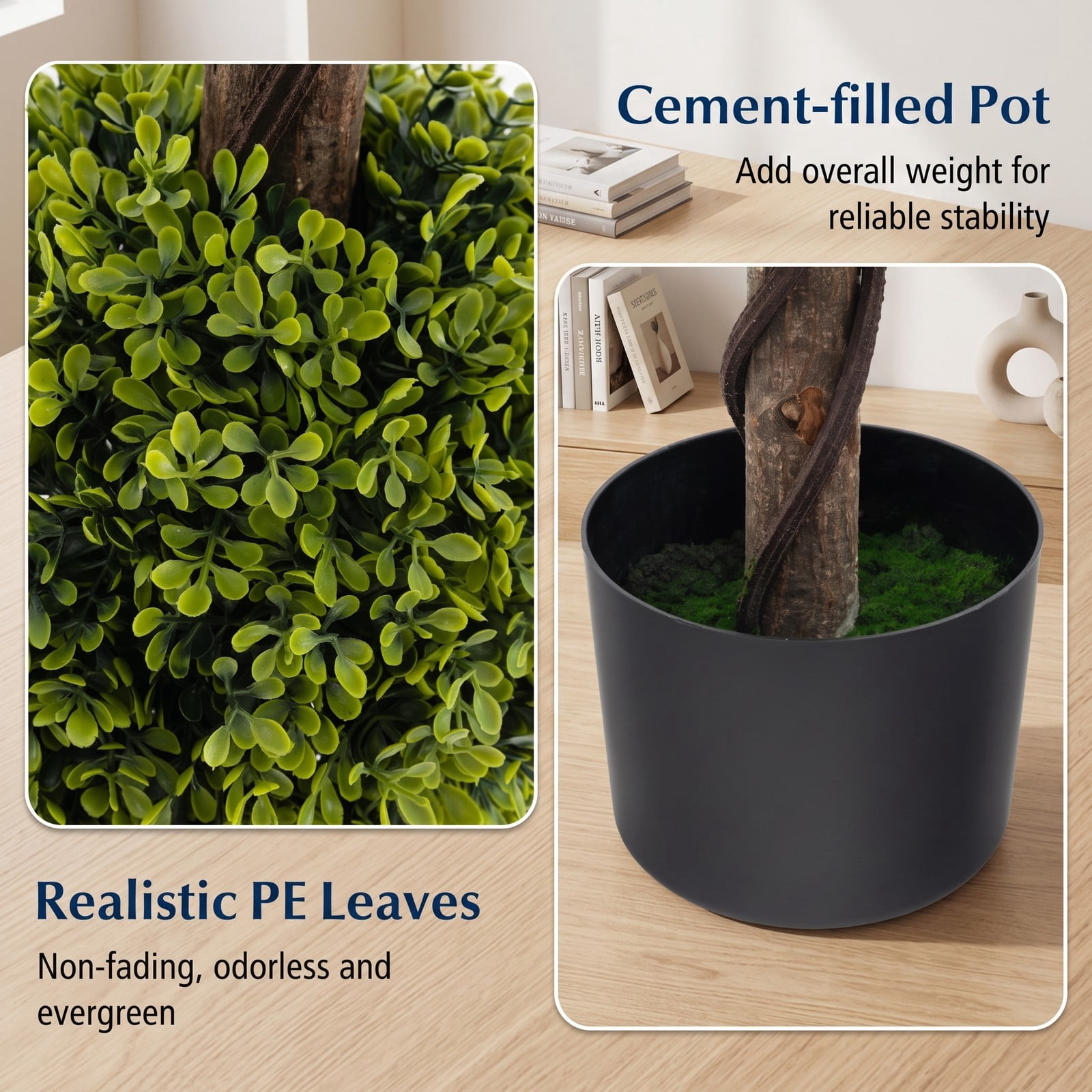 ALPULON 4 FT Artificial Ball Shape Bush Tree, 48 Inch Faux Topiary Plant with Lush PE Leaves, Trunk and Weighted Cement Pot for Indoor Outdoor Home, Green and Black