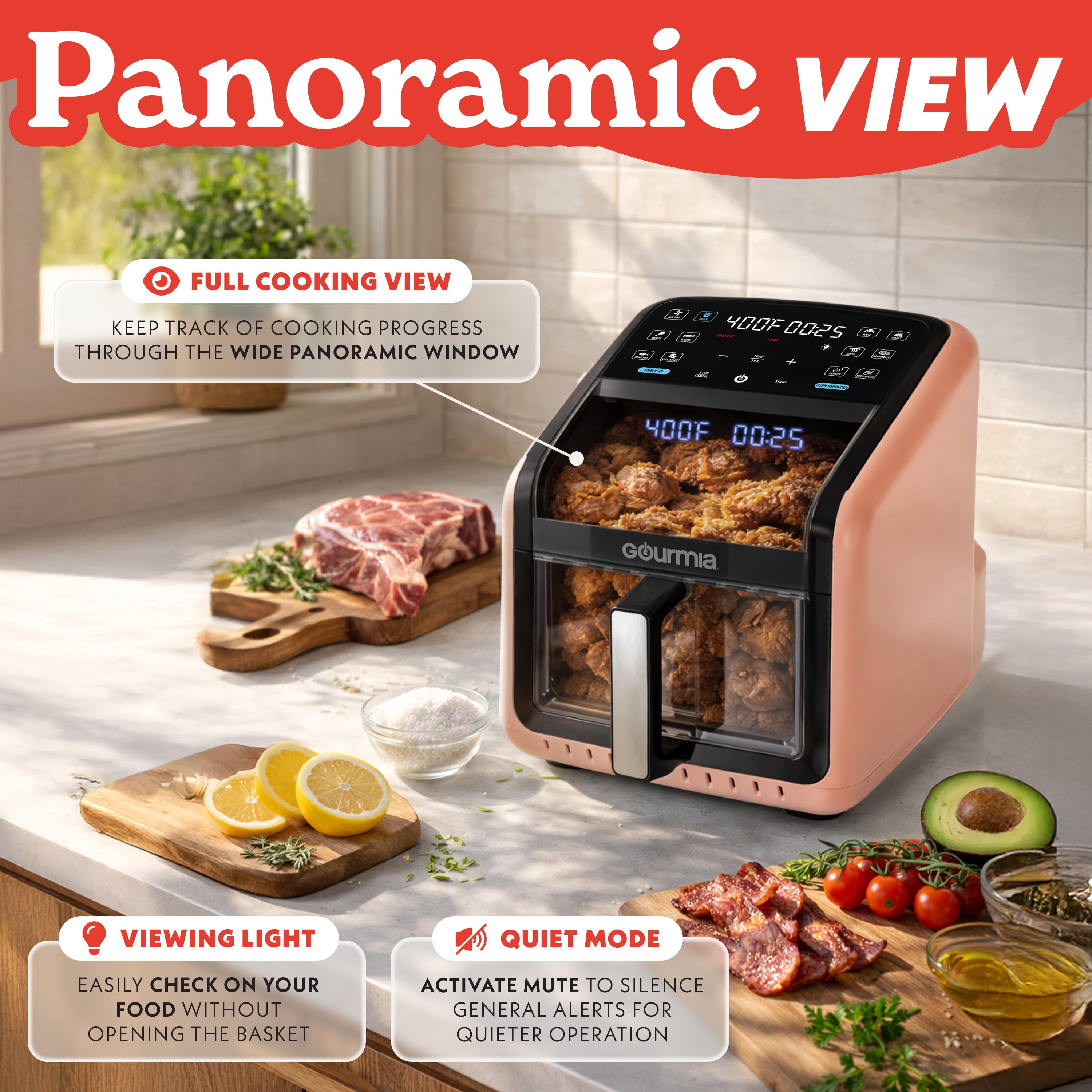 Gourmia Panorama 7-QT Digital Air Fryer with Panoramic View, Holographic Display, & 12 Presets, Peach