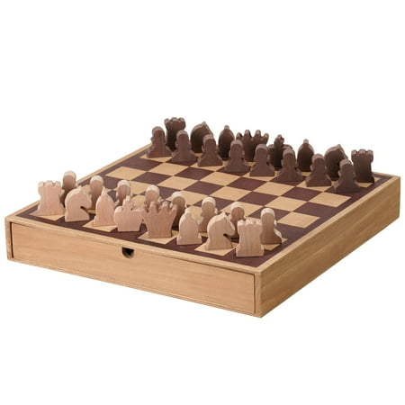 UPC: 0098811593781 | American Art Decor Wood Chess & Checkers Board Game Set with Drawer Tabletop Decor – 16 x 16 x 2.5