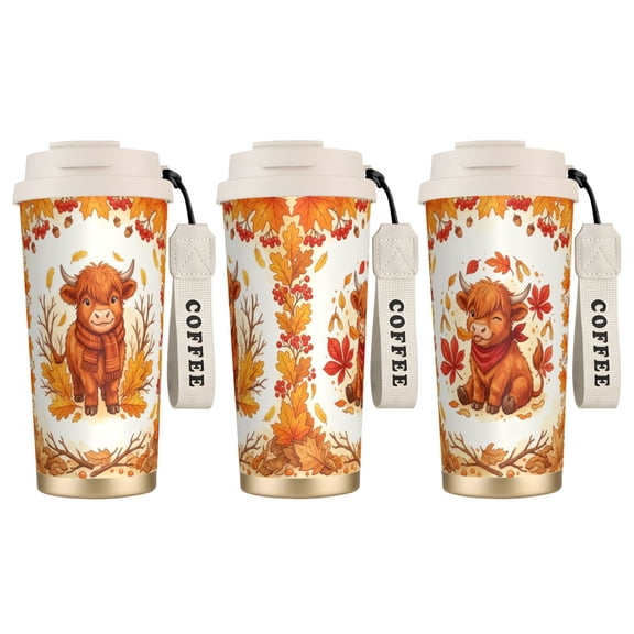 Highland Cow Coffee Mug, 18oz Leak-proof Autumn Foliage Cow Tumbler with Lid and Straw, Fall Birthday Gift