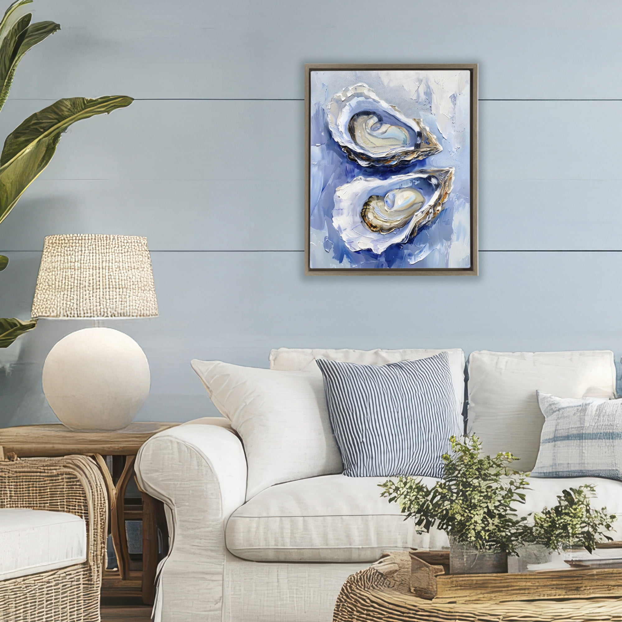 Stupell Industries Coastal Oysters in Pearlescent Light Brown Framed Floater Canvas Wall Art, design by Creative Studio