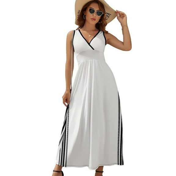 Simple Black And White Stripes Dress Summer Street Style Bohemia Long Dresses Female Sleeveless Printed Maxi Dress