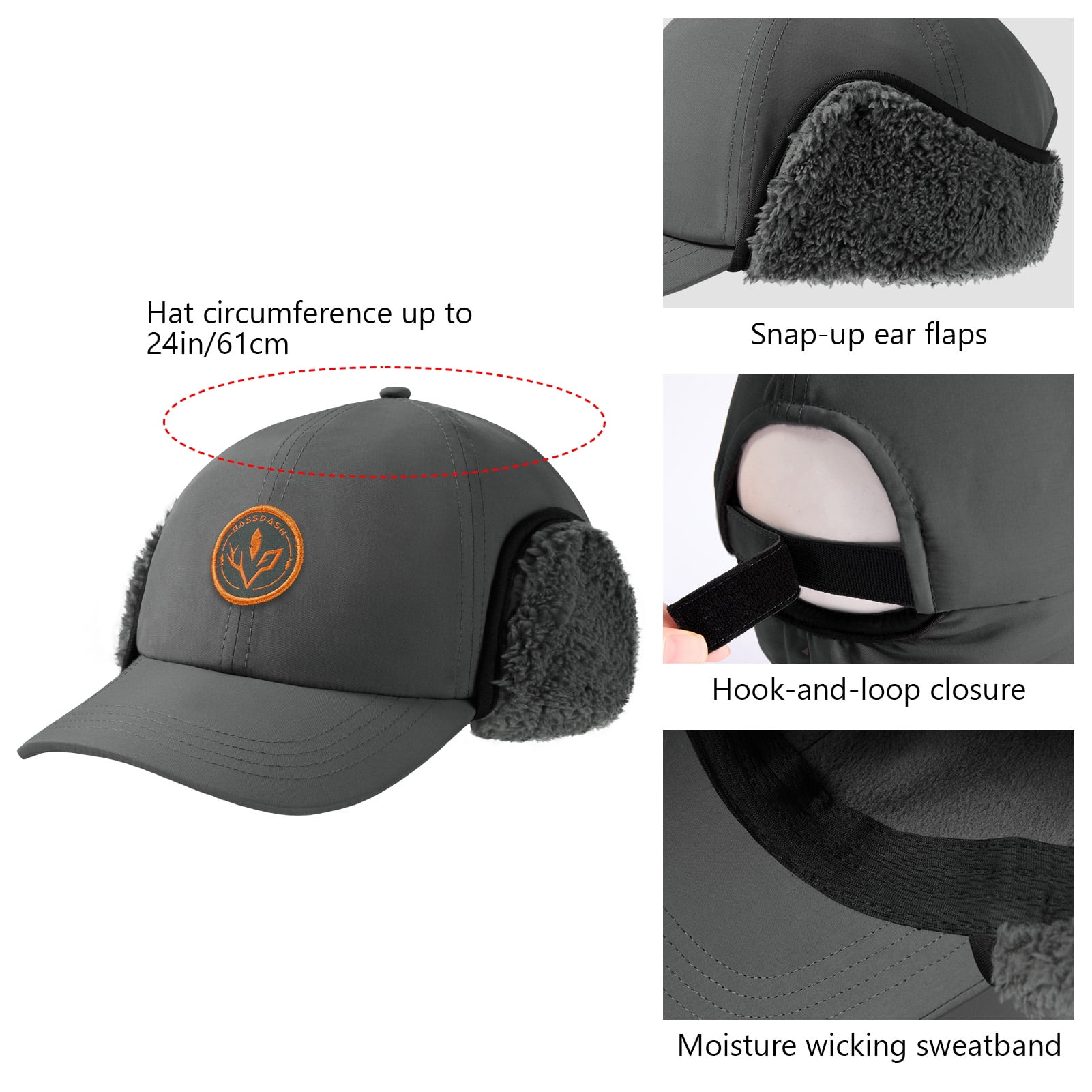 BASSDASH Warm Fleece Lined Hat with Ear Flap Winter Water Resistant Windproof Baseball Sports Cap for Hunting Hiking Fishing