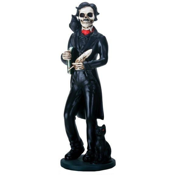 Ebros Gothic Day Of The Dead Edgar Allan Poe Statue With Raven Skeleton Figurine