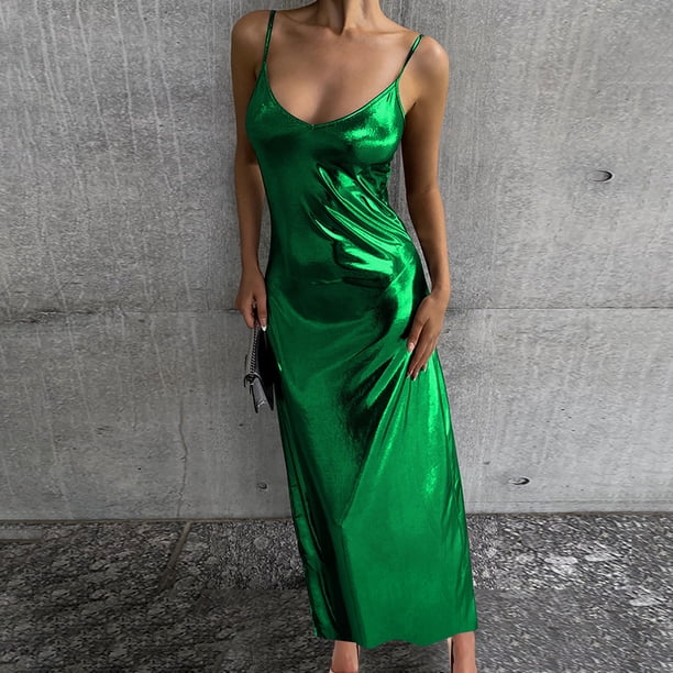 Honeeladyy Women Metallic Shimmer Slim Maxi Dress Spaghetti Strap V Neck  Long Dress Sleeveless Club Cocktail Party Dress Green L - Walmart Business  Supplies