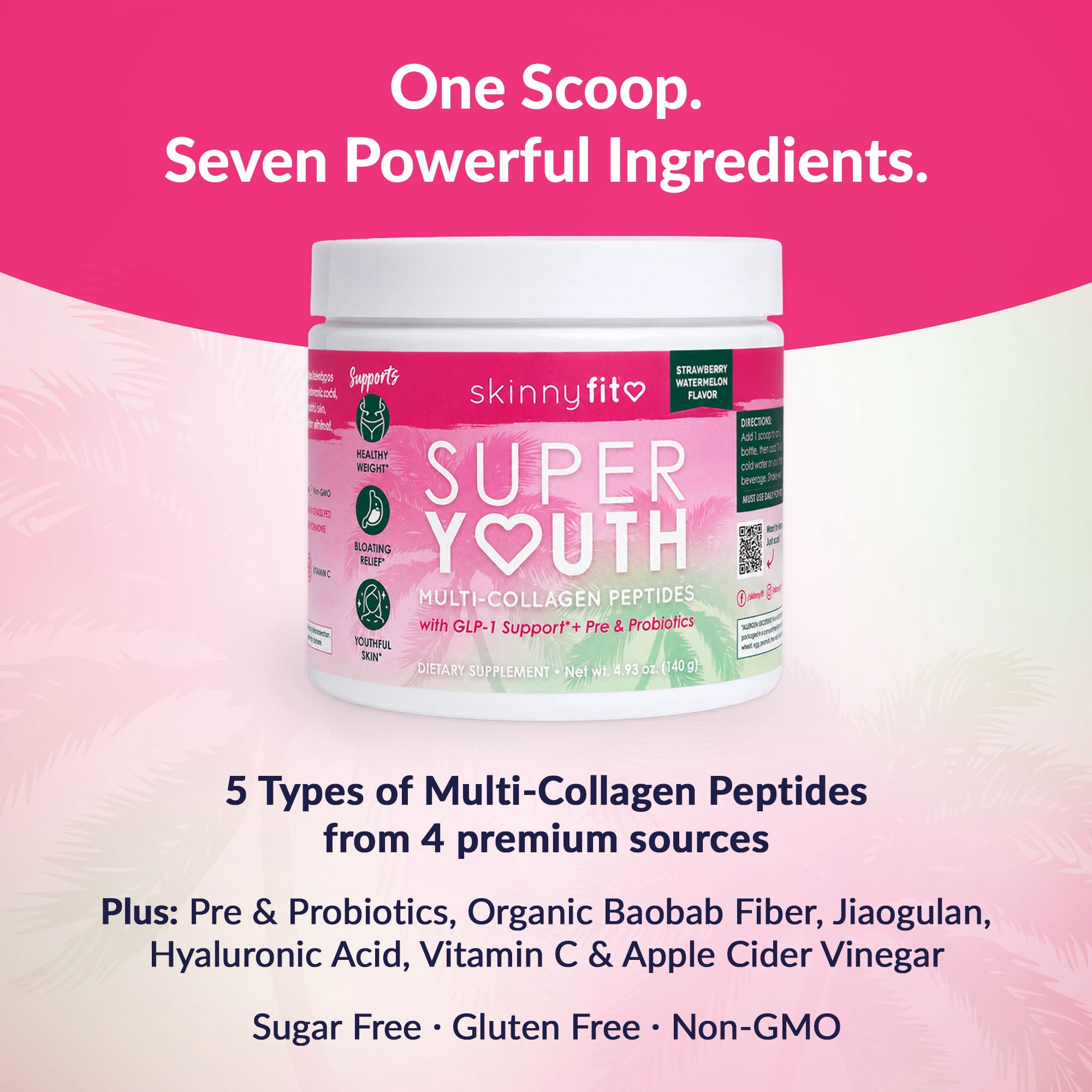 SkinnyFit Super Youth Multi-Collagen Peptides Powder for Skin & Joint Health, Strawberry Watermelon Flavor, 14 Servings